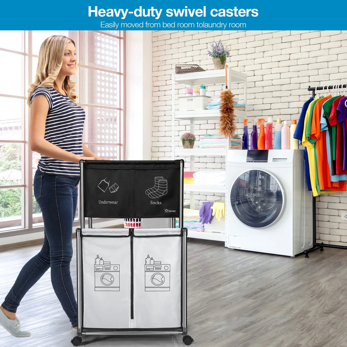 2-Tier Laundry Hamper Sorter, Laundry Storage Organizer with Wheels Movable Rolling Laundry Baskets Cart, Bathroom Cart Clothes Shelf,Laundry Butler for Bathroom Bedroom Laundry Room