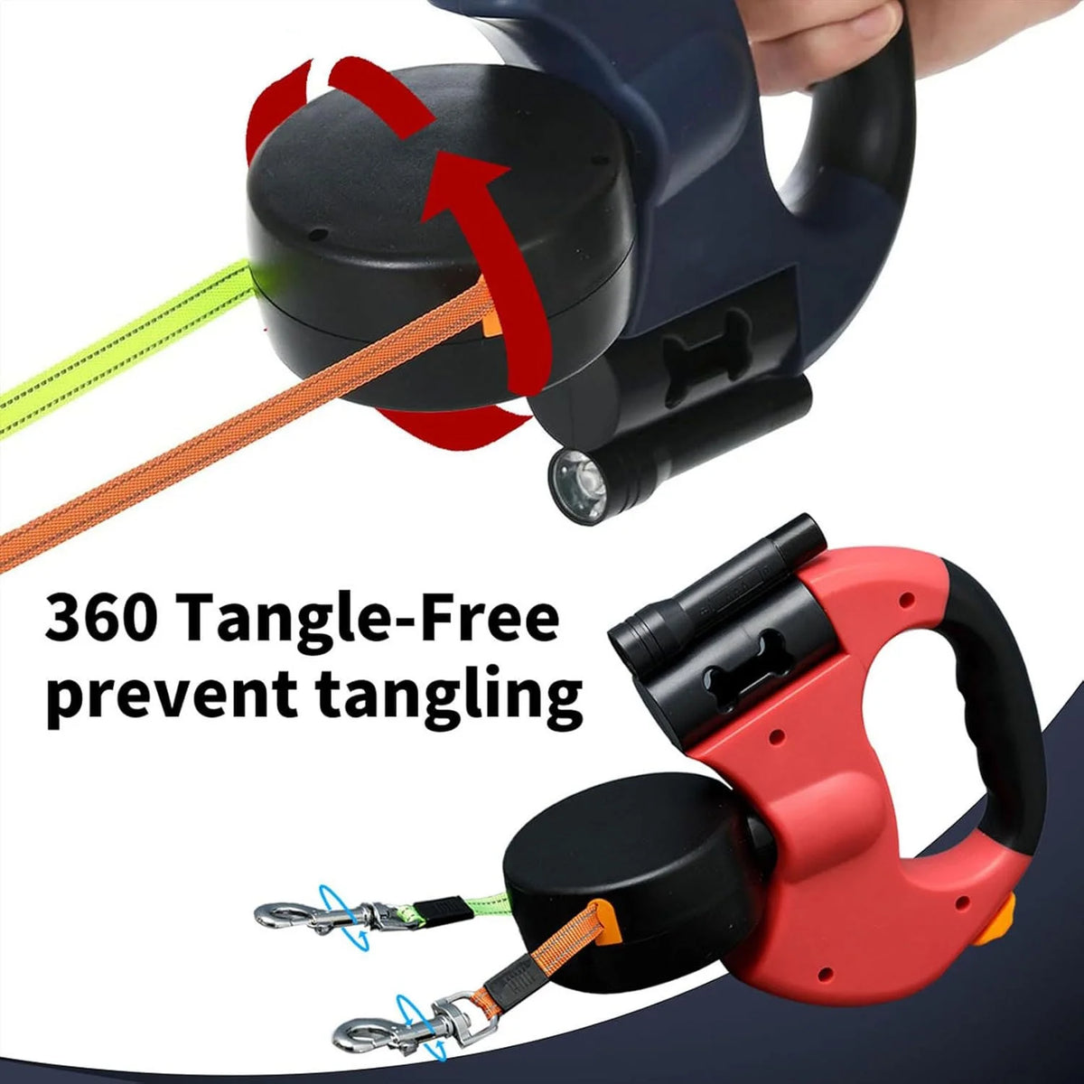 Two Dog Reflective Retractable Pet Leash – 360 Degree No Tangle Double Dogs Reflective Orange and Green Leads. Dual Locking 10 Ft Leads