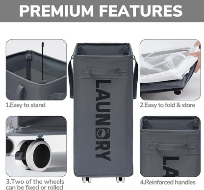 Laundry Basket with Wheels, 75L Laundry Hamper, Dorm Room Essentials with Removable Wash Bag for Laundry Room, Rolling Laundry Basket with Handles, Grey
