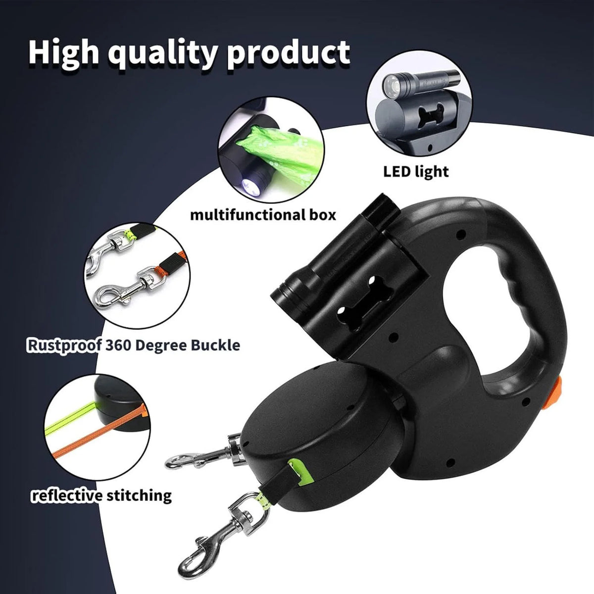 Two Dog Reflective Retractable Pet Leash – 360 Degree No Tangle Double Dogs Reflective Orange and Green Leads. Dual Locking 10 Ft Leads