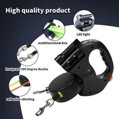 Two Dog Reflective Retractable Pet Leash – 360 Degree No Tangle Double Dogs Reflective Orange and Green Leads. Dual Locking 10 Ft Leads